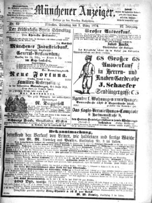 Münchener Anzeiger (Neueste Nachrichten aus dem Gebiete der Politik) Dienstag 3. März 1874