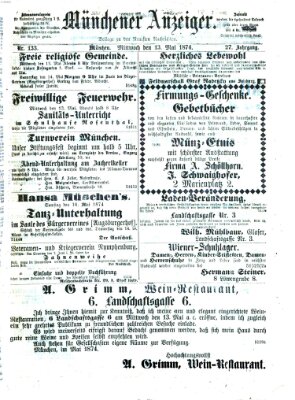 Münchener Anzeiger (Münchner neueste Nachrichten) Mittwoch 13. Mai 1874