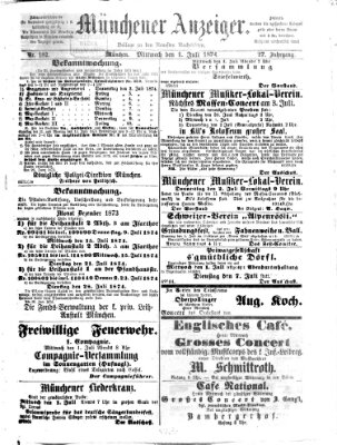 Münchener Anzeiger (Neueste Nachrichten aus dem Gebiete der Politik) Mittwoch 1. Juli 1874
