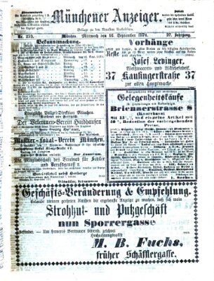 Münchener Anzeiger (Neueste Nachrichten aus dem Gebiete der Politik) Mittwoch 16. September 1874