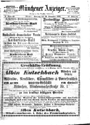 Münchener Anzeiger (Münchner neueste Nachrichten) Sonntag 22. November 1874