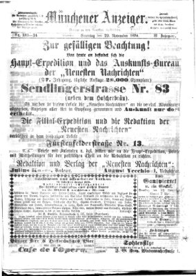 Münchener Anzeiger (Neueste Nachrichten aus dem Gebiete der Politik) Sonntag 29. November 1874