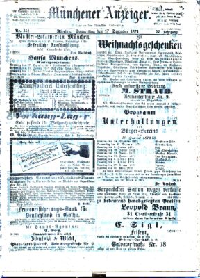 Münchener Anzeiger (Neueste Nachrichten aus dem Gebiete der Politik) Donnerstag 17. Dezember 1874