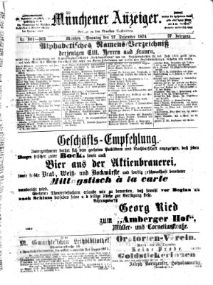 Münchener Anzeiger (Münchner neueste Nachrichten) Sonntag 27. Dezember 1874