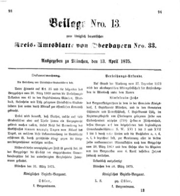 Königlich-bayerisches Kreis-Amtsblatt von Oberbayern (Münchner Intelligenzblatt) Dienstag 13. April 1875