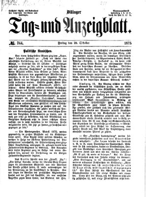 Dillinger Tag- und Anzeigeblatt (Tagblatt für die Städte Dillingen, Lauingen, Höchstädt, Wertingen und Gundelfingen) Freitag 29. Oktober 1875
