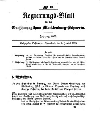 Regierungsblatt für Mecklenburg-Schwerin (Großherzoglich-Mecklenburg-Schwerinsches officielles Wochenblatt) Samstag 5. Juni 1875