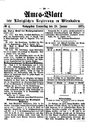 Amtsblatt der Regierung in Wiesbaden (Herzoglich-nassauisches allgemeines Intelligenzblatt) Donnerstag 28. Januar 1875