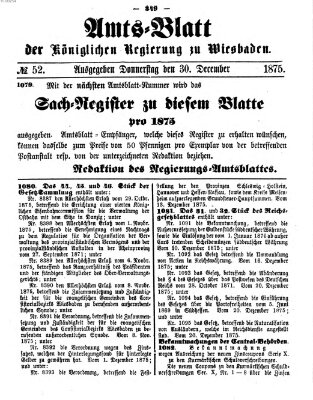 Amtsblatt der Regierung in Wiesbaden (Herzoglich-nassauisches allgemeines Intelligenzblatt) Donnerstag 30. Dezember 1875