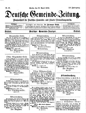 Deutsche Gemeinde-Zeitung Samstag 22. April 1876