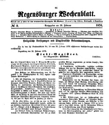 Regensburger Wochenblatt Dienstag 29. Februar 1876