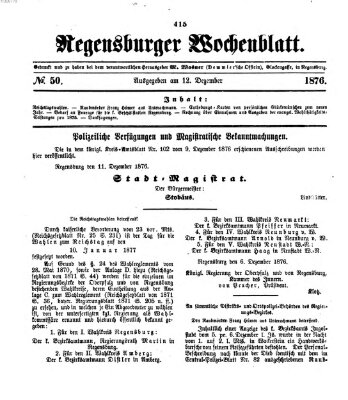 Regensburger Wochenblatt Dienstag 12. Dezember 1876