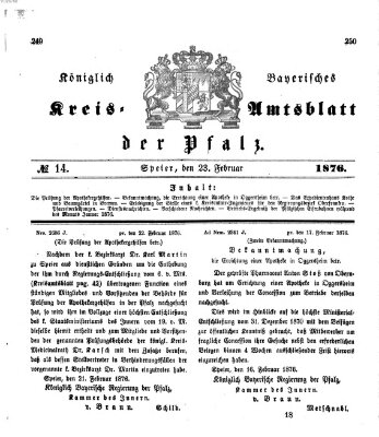 Königlich-bayerisches Kreis-Amtsblatt der Pfalz (Königlich bayerisches Amts- und Intelligenzblatt für die Pfalz) Mittwoch 23. Februar 1876
