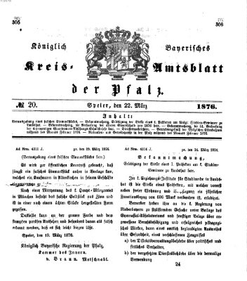 Königlich-bayerisches Kreis-Amtsblatt der Pfalz (Königlich bayerisches Amts- und Intelligenzblatt für die Pfalz) Mittwoch 22. März 1876