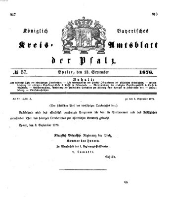 Königlich-bayerisches Kreis-Amtsblatt der Pfalz (Königlich bayerisches Amts- und Intelligenzblatt für die Pfalz) Mittwoch 13. September 1876