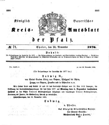 Königlich-bayerisches Kreis-Amtsblatt der Pfalz (Königlich bayerisches Amts- und Intelligenzblatt für die Pfalz) Freitag 24. November 1876