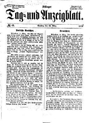 Dillinger Tag- und Anzeigeblatt (Tagblatt für die Städte Dillingen, Lauingen, Höchstädt, Wertingen und Gundelfingen) Samstag 18. März 1876