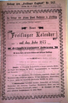 Freisinger Tagblatt (Freisinger Wochenblatt) Freitag 20. Oktober 1876
