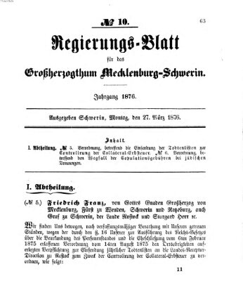 Regierungsblatt für Mecklenburg-Schwerin (Großherzoglich-Mecklenburg-Schwerinsches officielles Wochenblatt) Montag 27. März 1876