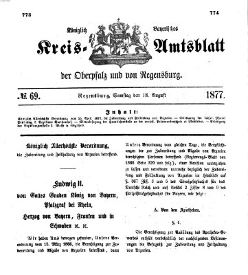 Königlich-bayerisches Kreis-Amtsblatt der Oberpfalz und von Regensburg (Königlich bayerisches Intelligenzblatt für die Oberpfalz und von Regensburg) Samstag 18. August 1877