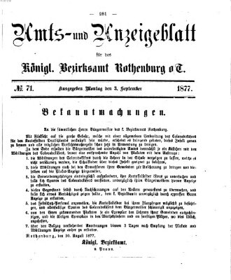 Amts- und Anzeigenblatt für das Königliche Bezirksamt Rothenburg o.T. (Amts- und Anzeigenblatt für die Stadt und das Königl. Bezirksamt Rothenburg) Montag 3. September 1877