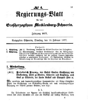 Regierungsblatt für Mecklenburg-Schwerin (Großherzoglich-Mecklenburg-Schwerinsches officielles Wochenblatt) Dienstag 13. Februar 1877