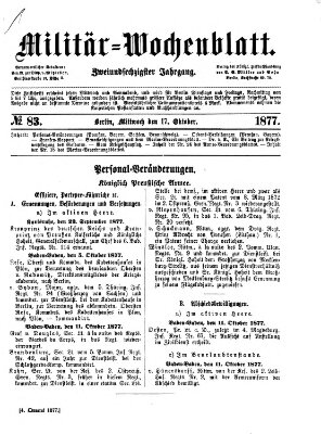 Militär-Wochenblatt Mittwoch 17. Oktober 1877