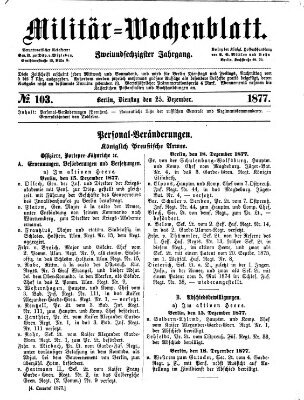 Militär-Wochenblatt Dienstag 25. Dezember 1877