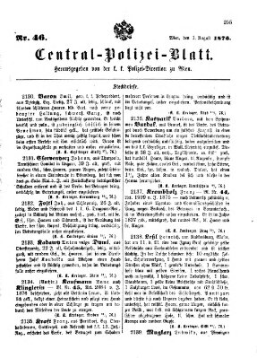 Zentralpolizeiblatt Dienstag 1. August 1876