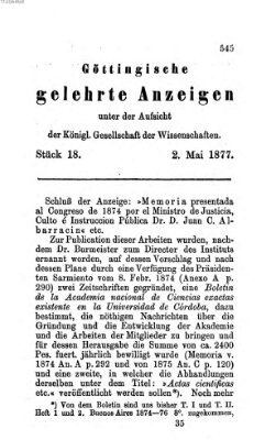 Göttingische gelehrte Anzeigen (Göttingische Zeitungen von gelehrten Sachen) Mittwoch 2. Mai 1877