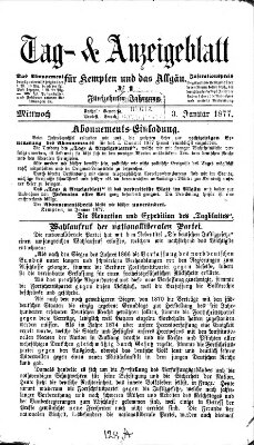 Tag- und Anzeigeblatt für Kempten und das Allgäu Mittwoch 3. Januar 1877