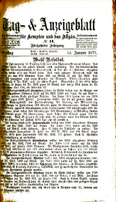 Tag- und Anzeigeblatt für Kempten und das Allgäu Samstag 13. Januar 1877