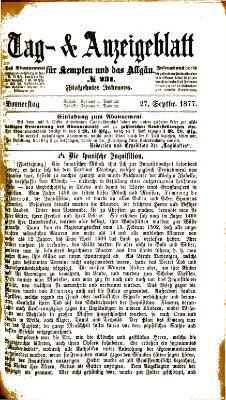 Tag- und Anzeigeblatt für Kempten und das Allgäu Donnerstag 27. September 1877