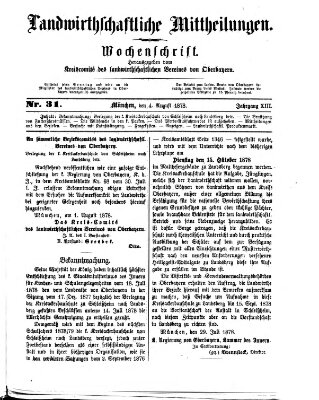 Landwirthschaftliche Mittheilungen Sonntag 4. August 1878
