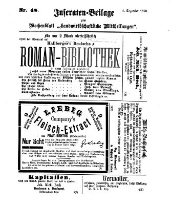 Landwirthschaftliche Mittheilungen Sonntag 1. Dezember 1878
