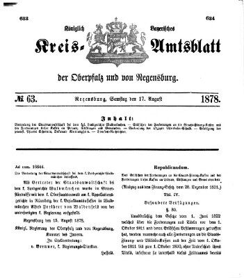 Königlich-bayerisches Kreis-Amtsblatt der Oberpfalz und von Regensburg (Königlich bayerisches Intelligenzblatt für die Oberpfalz und von Regensburg) Samstag 17. August 1878