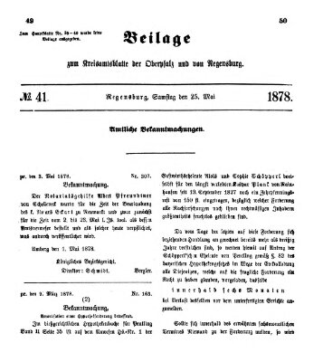 Königlich-bayerisches Kreis-Amtsblatt der Oberpfalz und von Regensburg (Königlich bayerisches Intelligenzblatt für die Oberpfalz und von Regensburg) Samstag 25. Mai 1878