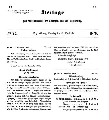 Königlich-bayerisches Kreis-Amtsblatt der Oberpfalz und von Regensburg (Königlich bayerisches Intelligenzblatt für die Oberpfalz und von Regensburg) Samstag 21. September 1878