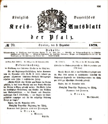 Königlich-bayerisches Kreis-Amtsblatt der Pfalz (Königlich bayerisches Amts- und Intelligenzblatt für die Pfalz) Dienstag 3. Dezember 1878
