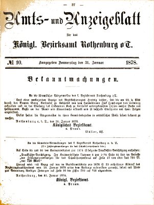 Amts- und Anzeigenblatt für das Königliche Bezirksamt Rothenburg o.T. (Amts- und Anzeigenblatt für die Stadt und das Königl. Bezirksamt Rothenburg) Donnerstag 31. Januar 1878