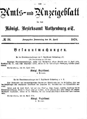 Amts- und Anzeigenblatt für das Königliche Bezirksamt Rothenburg o.T. (Amts- und Anzeigenblatt für die Stadt und das Königl. Bezirksamt Rothenburg) Freitag 26. April 1878