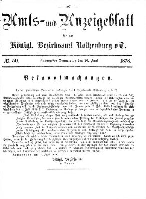 Amts- und Anzeigenblatt für das Königliche Bezirksamt Rothenburg o.T. (Amts- und Anzeigenblatt für die Stadt und das Königl. Bezirksamt Rothenburg) Donnerstag 20. Juni 1878