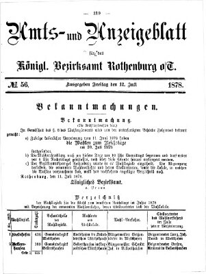 Amts- und Anzeigenblatt für das Königliche Bezirksamt Rothenburg o.T. (Amts- und Anzeigenblatt für die Stadt und das Königl. Bezirksamt Rothenburg) Freitag 12. Juli 1878