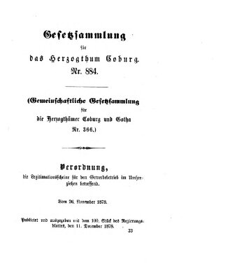 Gesetz-Sammlung für das Herzogtum Coburg (Coburger Regierungs-Blatt) Mittwoch 11. Dezember 1878