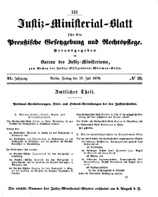 Justiz-Ministerialblatt für die preußische Gesetzgebung und Rechtspflege Freitag 19. Juli 1878