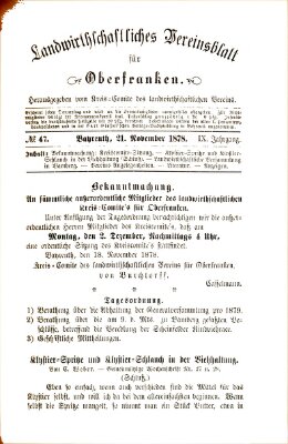 Landwirthschaftliches Vereinsblatt für Oberfranken Donnerstag 21. November 1878