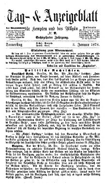Tag- und Anzeigeblatt für Kempten und das Allgäu Donnerstag 3. Januar 1878