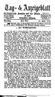 Tag- und Anzeigeblatt für Kempten und das Allgäu Dienstag 18. Juni 1878
